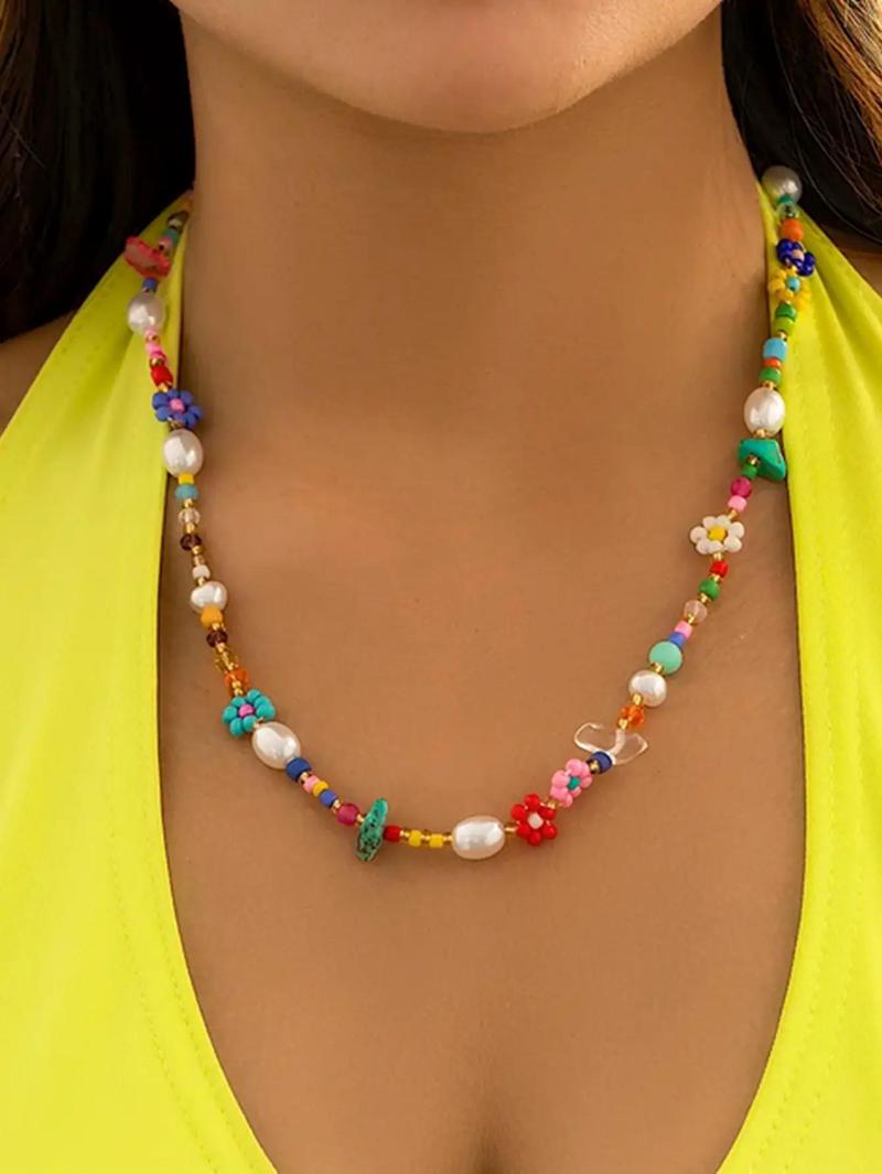 Floral & Faux Pearl Handmade Beaded Necklace