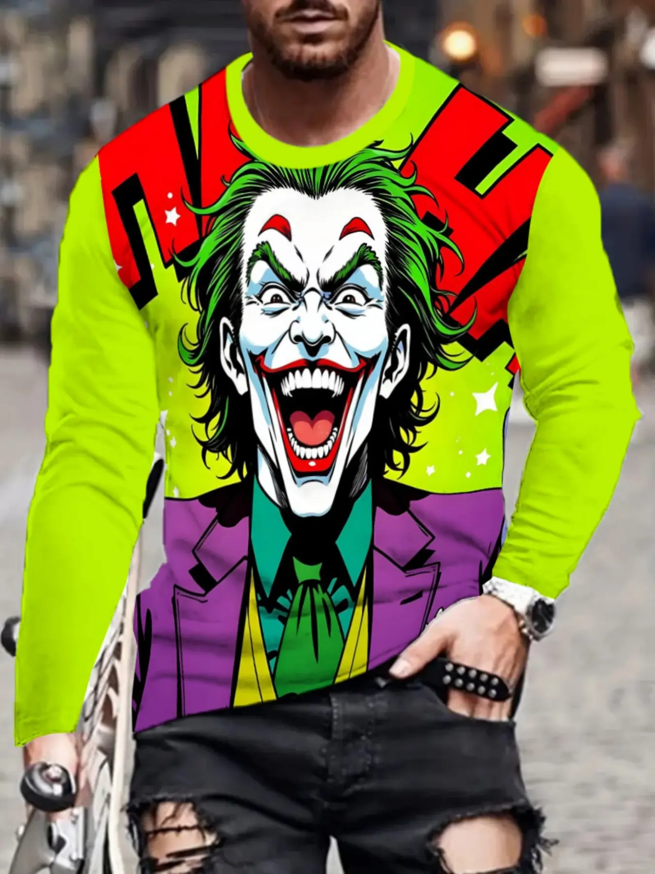 Men's Long-Sleeve T-Shirt, Warner Collaboration, Joker Print, Fitted Casual Pullover, Ideal for Daily Wear, Outdoor Activities