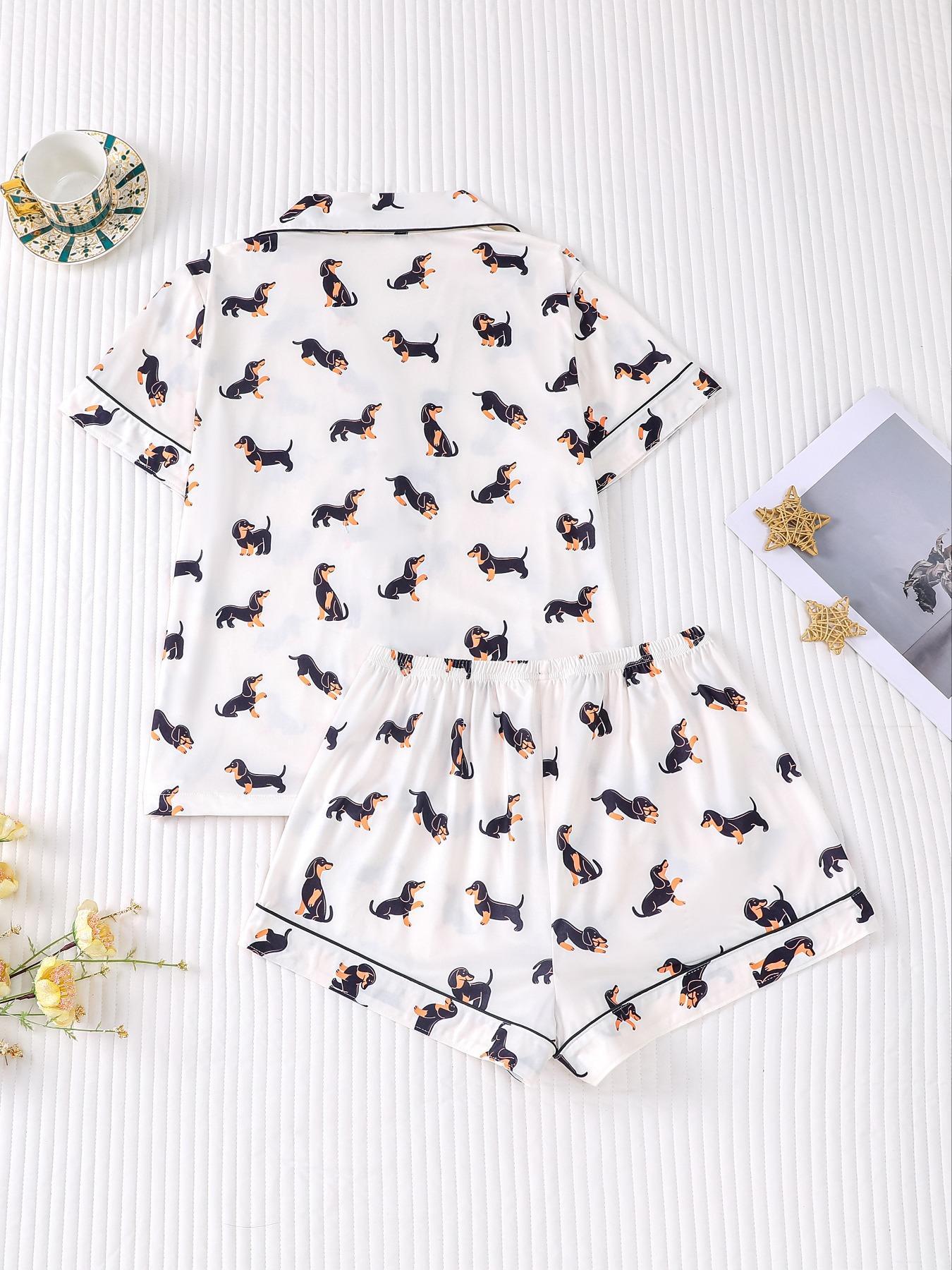 Women's Dachshund Print Shirt & Elastic Waist Shorts Pajama Two-piece Set, Casual Comfy Short Sleeve Top & Shorts Loungewear Set, Ladies Sleepwear for Summer, Womenswear