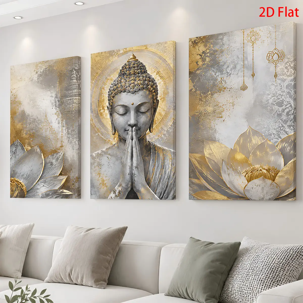 1pc 3-piece set of 2D/flat canvas paintings - The pattern features Buddha, lotus, and temple elements, presented in gold and gray tones. Themed canvas wall art, suitable for bedroom, living room, bathroom, bedroom decoration, interior wall art decoration,