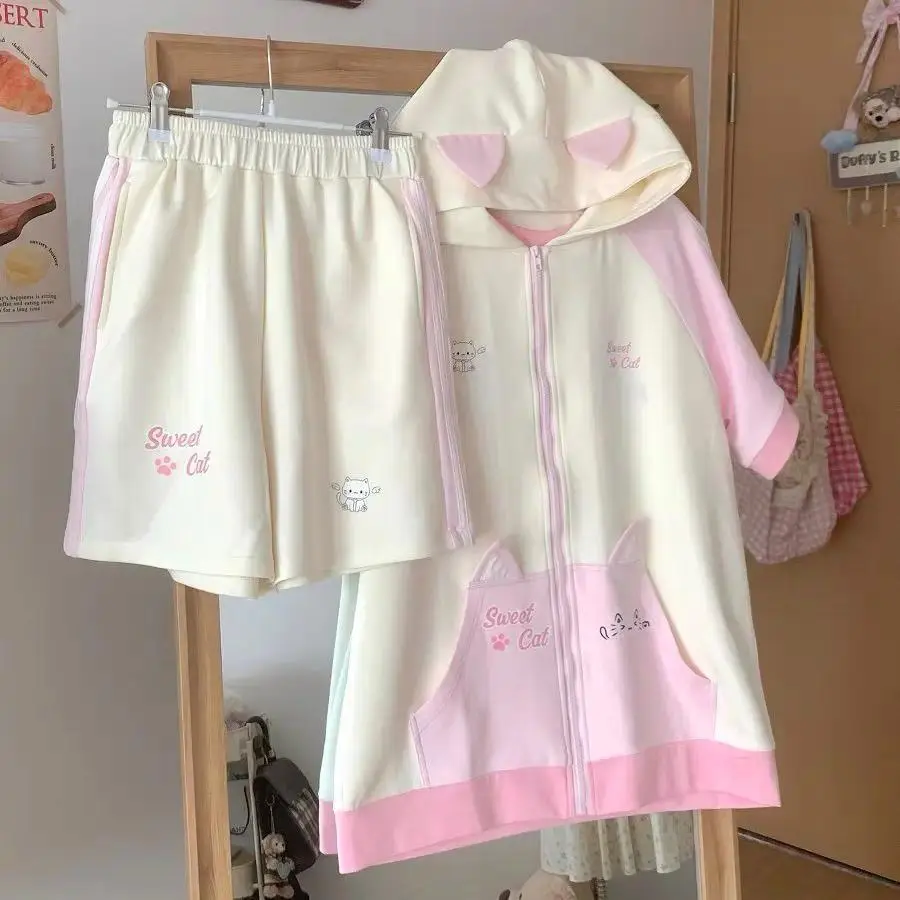 Subculture All Match Cute Cat Ears Cartoon Short Sleeve Zip Up Hoodie + Casual Elastic Waist Shorts Sweet 2 Pcs Sets Y2k Suits