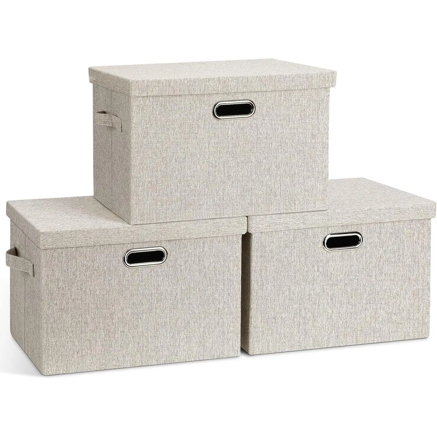 Large Quart Collapsible Stackable Storage Bins with Lids, 3 Packs Beige Linen Fabric Closet Boxes with Lids, Storage Cube Baskets Container Organizers for Bedroom Office(16.6 x 11.7 x 10.8)