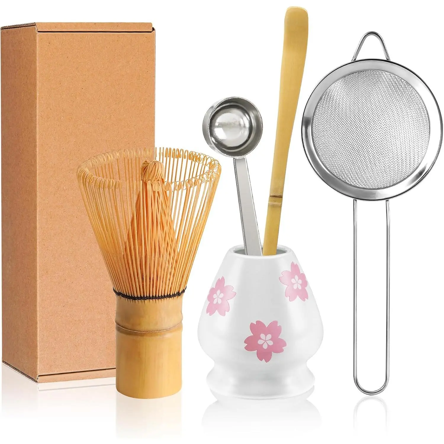 Matcha Whisk Set, Matcha Making Kit  Whisk (Chasen), White Ceramic Whisk Holder Stand, Sifter, Scoop   Tools For Ceremony