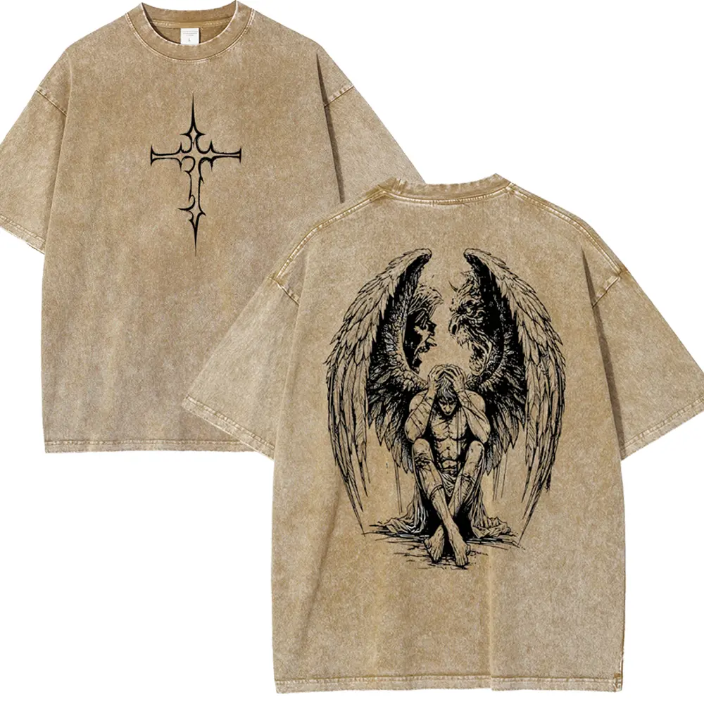 Gothic Fallen Angel Demon Sketch Cross Vintage Washed Tan Double Sided Cotton Oversized T-Shirt, Dark Grunge Aesthetic Streetwear Casual Outfit, Best Gift For Gothic Edgy Art Lover Streetwear Tee