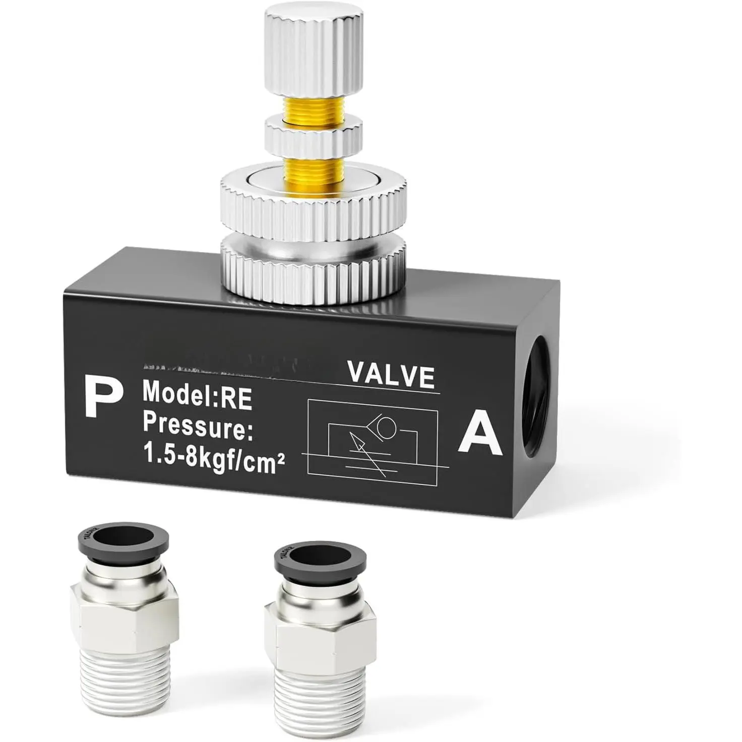 1/8 NPT In-Line Air Flow Control Valve - Cylinder Control Speed Throttle with Push-to-Connect Quick Connect Fitting, Straight Union RE-01 (0~145psi, 32～140°F, Pack of 1), Push-To-Connect Technology Valves
