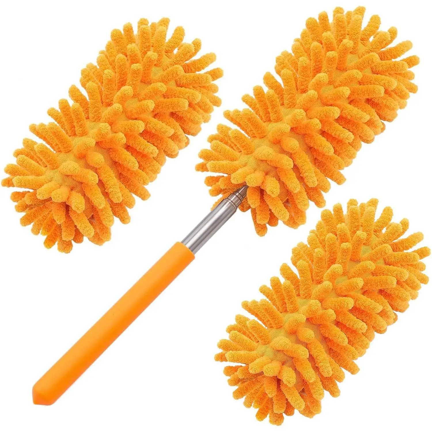 GMLKRY Microfiber Duster Household Cleaning Kit - Adjustable Extendable Pole, 3 Replaceable Microfiber Heads, Hand Washable Detachable Supplies for Sofa, Office, Window (Orange)