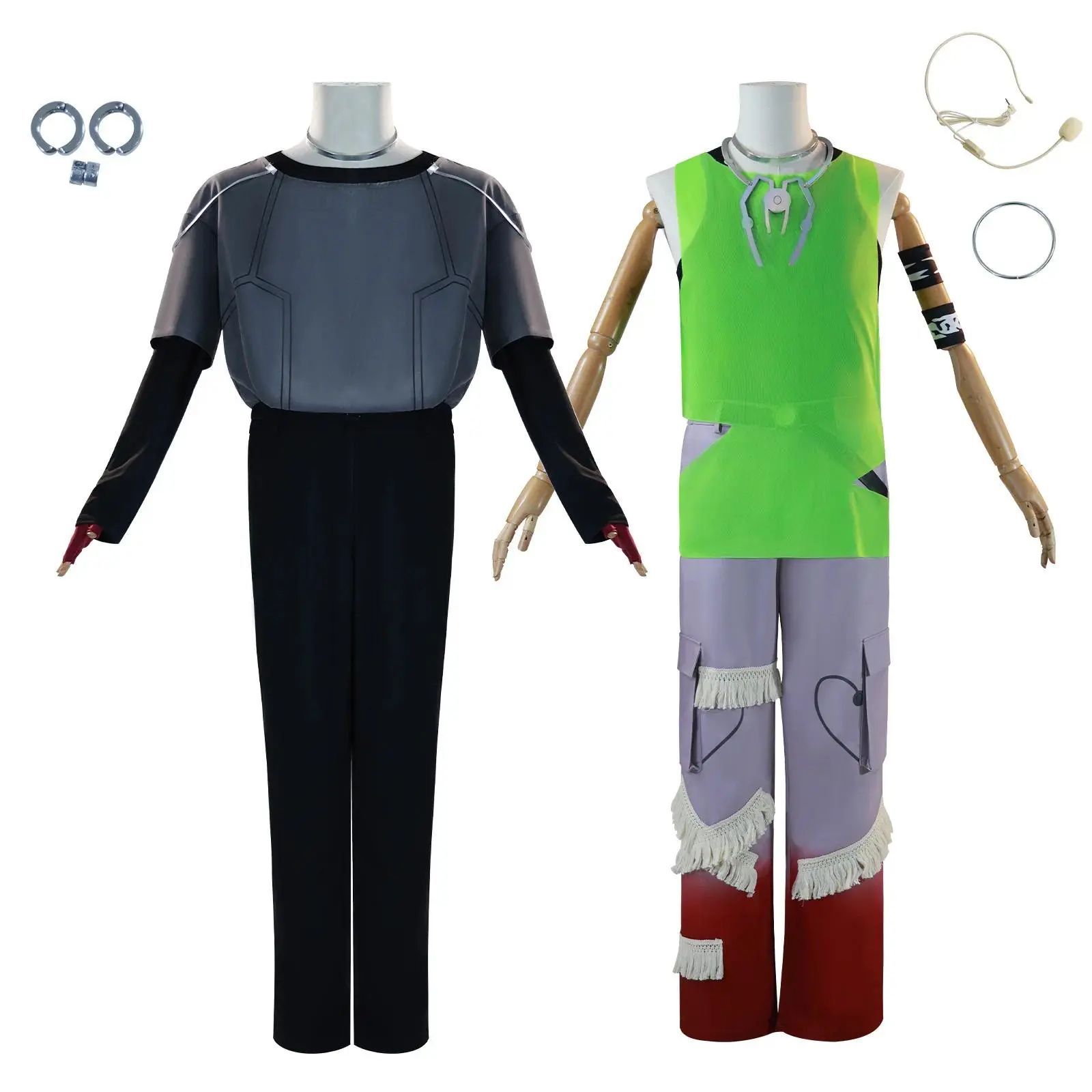 Menswear Knit Cosplay Clothes, Unisex 6pcs R7 Alien Stage Performance Set with Green Vest, Wig, and Armband, Unisex Fit