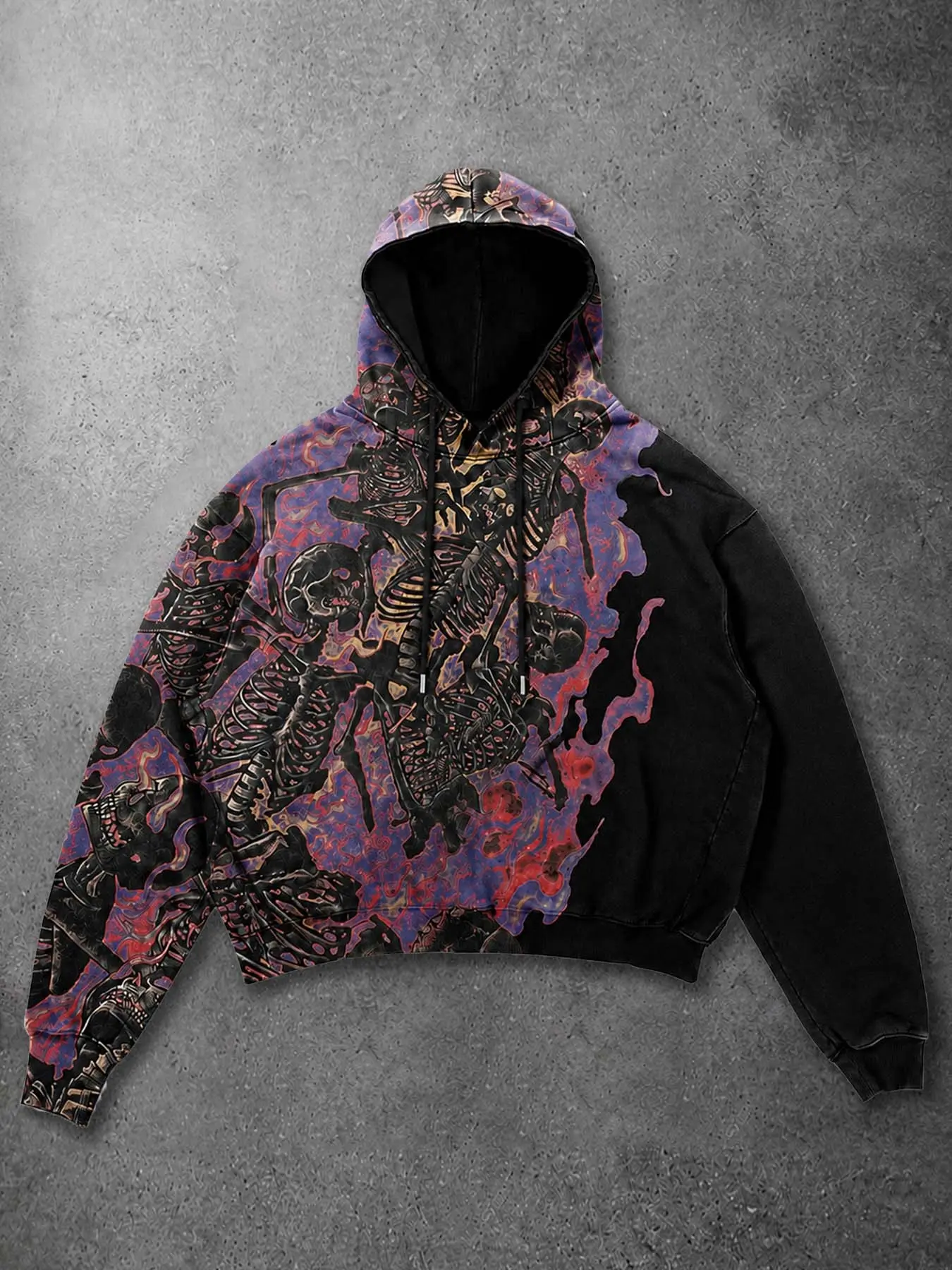 Dark gothic skull print hoodie, made of soft and comfortable fabric, featuring a striking purple-red flaming skull print, perfect for rock concerts, gothic street style, night parties, and festive events.