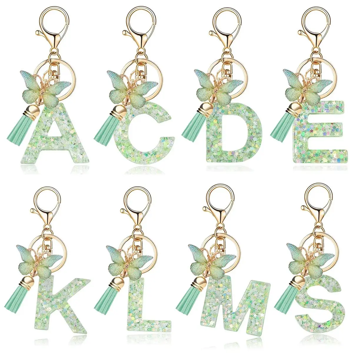 A-Z Initial Letter Keychain, Green Glitter Resin Butterfly Tassel Charm with Lobster Clasp, Personalized Women/Girls’ Backpack Pendant Accessory, Gift Ideas