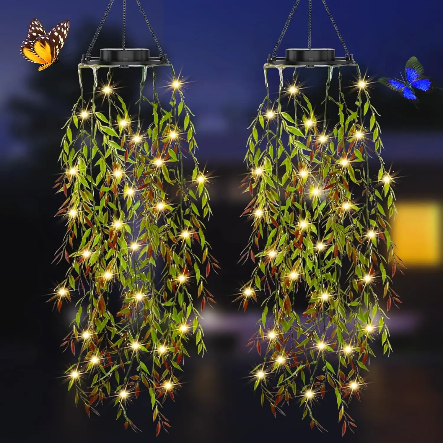 Solar Powered Outdoor Decorative Lighting, 66 LED Lights, Two Willow Leaf Flower Pots, Garden Balcony Patio Decoration, Gift for Women/mothers