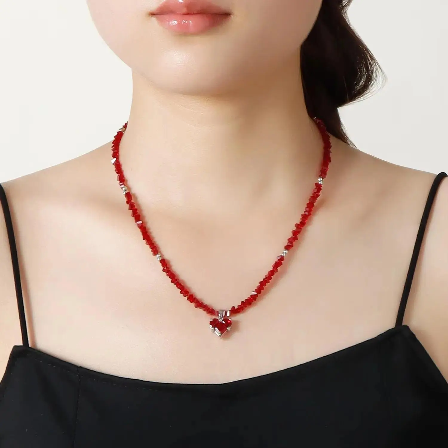 Vintage Faceted Glass Beaded Necklace with Sparkly CZ Heart Pendant, Boho Irregular Crystal Chain, Aesthetic Layering Jewelry Birthday Gifts for Her