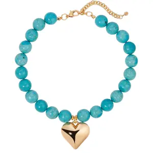 Women's Natural Thick Turquoise Abacus Bead Collarbone Necklace - Large Heart Beaded Fashion Costume Jewelry Accessory