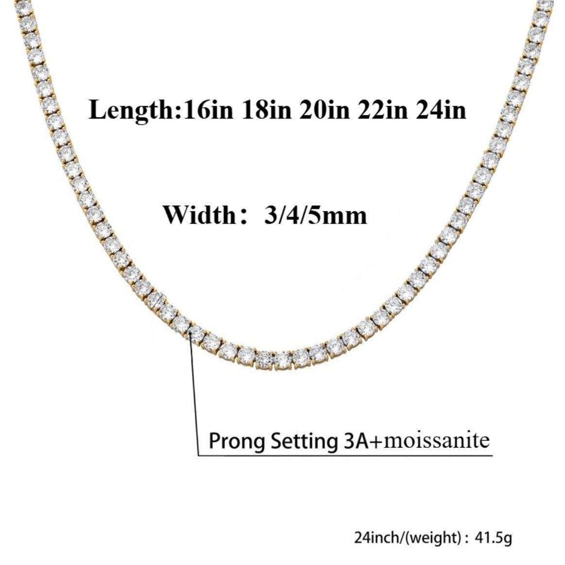 3/4/5MM Spring Buckle Iced Out Full Moissanite Tennis Chain Necklace – Gold Silver Color Hip Hop Jewelry Bling Men Women