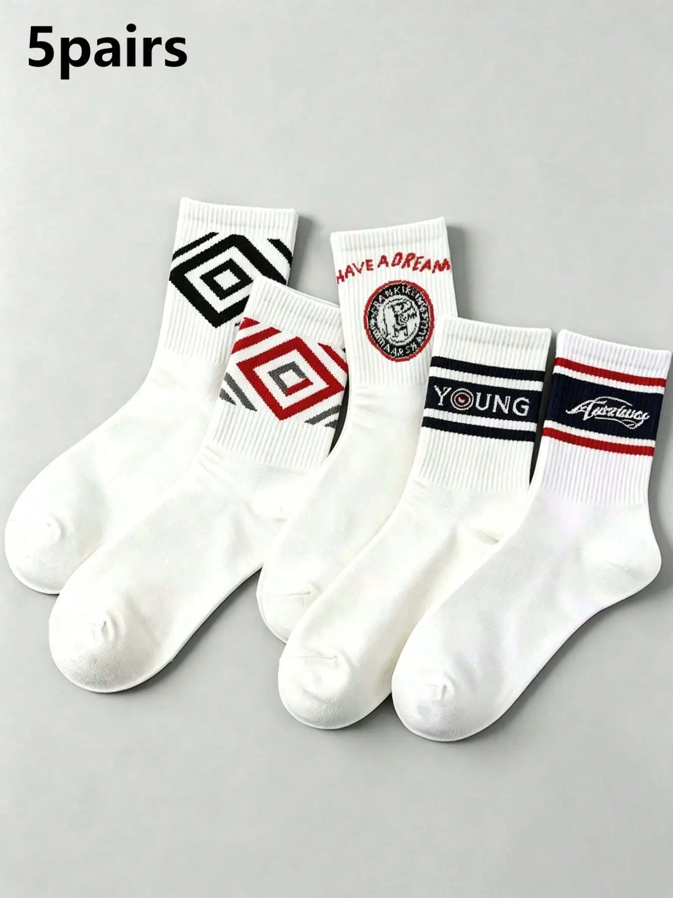5 Pairs Men's Letter Number Pattern Mid-Calf Socks, Fashionable Breathable Comfort Sports Socks, Moisture-Wicking, All Seasons