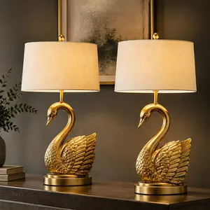 2-Pack ARCH Golden Brass Swan LED Table Lamps (Bulb Included), 12.00" W x 24.00" D x 7.00" H Durable Modern Ceramic-Fabric-Metal Bedside Lamp, Christmas Home Decor for Bedroom Living Room