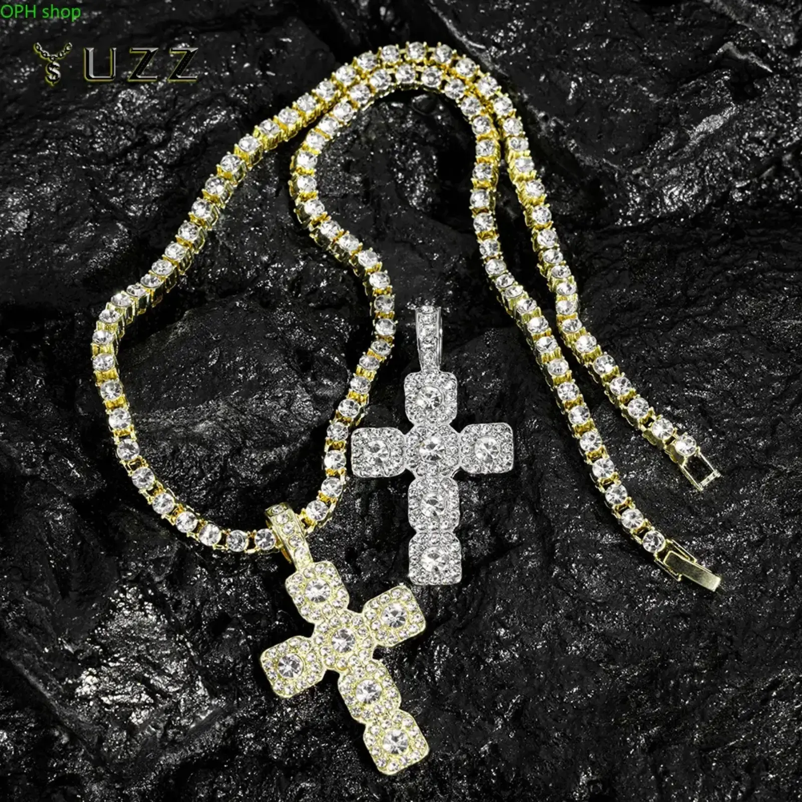 Unisex 4mm Iced Out Bling Rhinestone Cross Necklace - Punk Grunge Cuban Link Tennis Chain, Cadena Cubana, Costume Jewelry Necklace, Customizable Cross Motif Streetwear Accessory, 18in Gift for Men & Women, Party Performance Statement Jewelry Set
