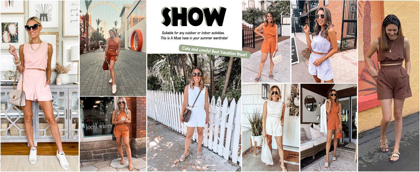 Imily Bela  Women's 2pcs Summer Outfits Sleeveless Crop Tank Top and High Waist Pocketed Shorts Loose 2 Piece Short Sets