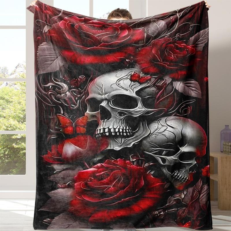 Gothic Skull Print Flannel Blanket, Casual Soft Throw Blanket with Storage Bag, Cozy Throw Blanket, Warm Napping Blanket for Home Office School Travel