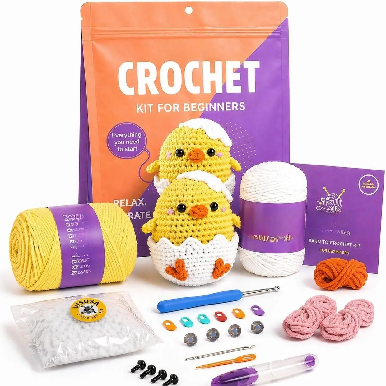 Crochet Kit for Beginners – Learn to Crochet  Kit– Yellow Chick Amigurumi Set- Easy DIY Crochet & Knitting Starter Set with Video and PDF Tutorials-  Crochet Gifts for Starters.