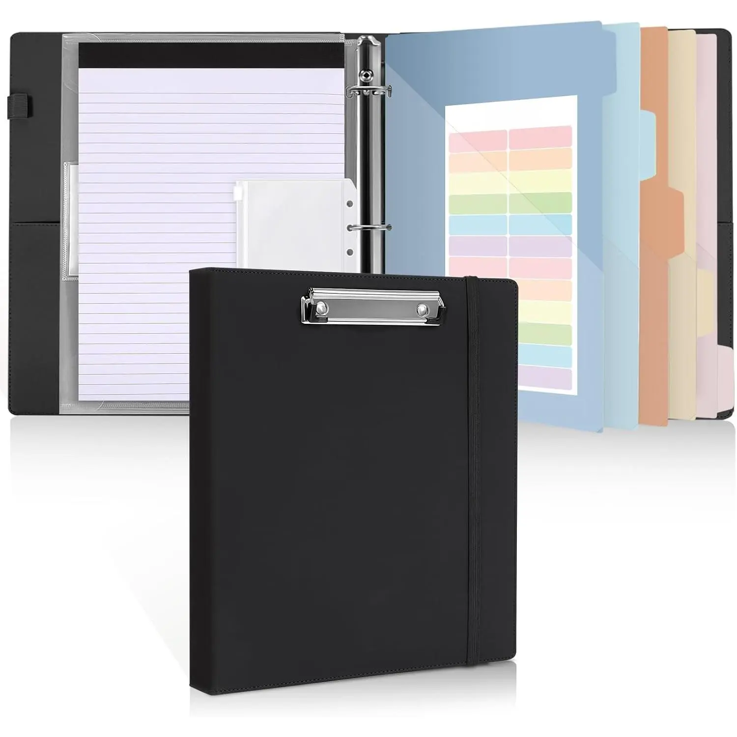 3 Ring Binder with Clipboard, 13.2" × 10.2" Faux Leather 1 Inch Binder Organizer with 5 Pocket Dividers, Notepad, Labels & 2 Storage Pockets for Teachers, Students,  & Office Work