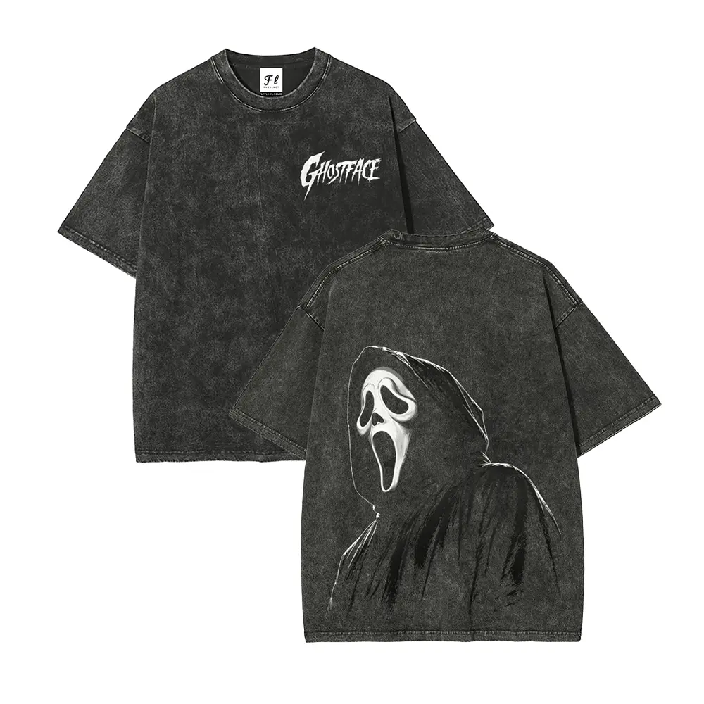 Acid Washed Oversized Y2K Horror Mask Graphic T-Shirt, Jagged Horror Font Small Chest Print Hooded Ghost Mask Figure Portrait Back Dual-Sided Tee, Vintage Grunge Streetwear, 100% Cotton Unisex Short Sleeve Shirt