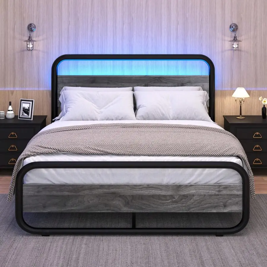 Modern Rustic Metal Bed Frame with LED Strip Lights & USB Port Headboard, Space-Saving Under Bed Storage Platform Bed Frame, Quick Easy Assembly, 4 Color Choices for Bedroom Decor