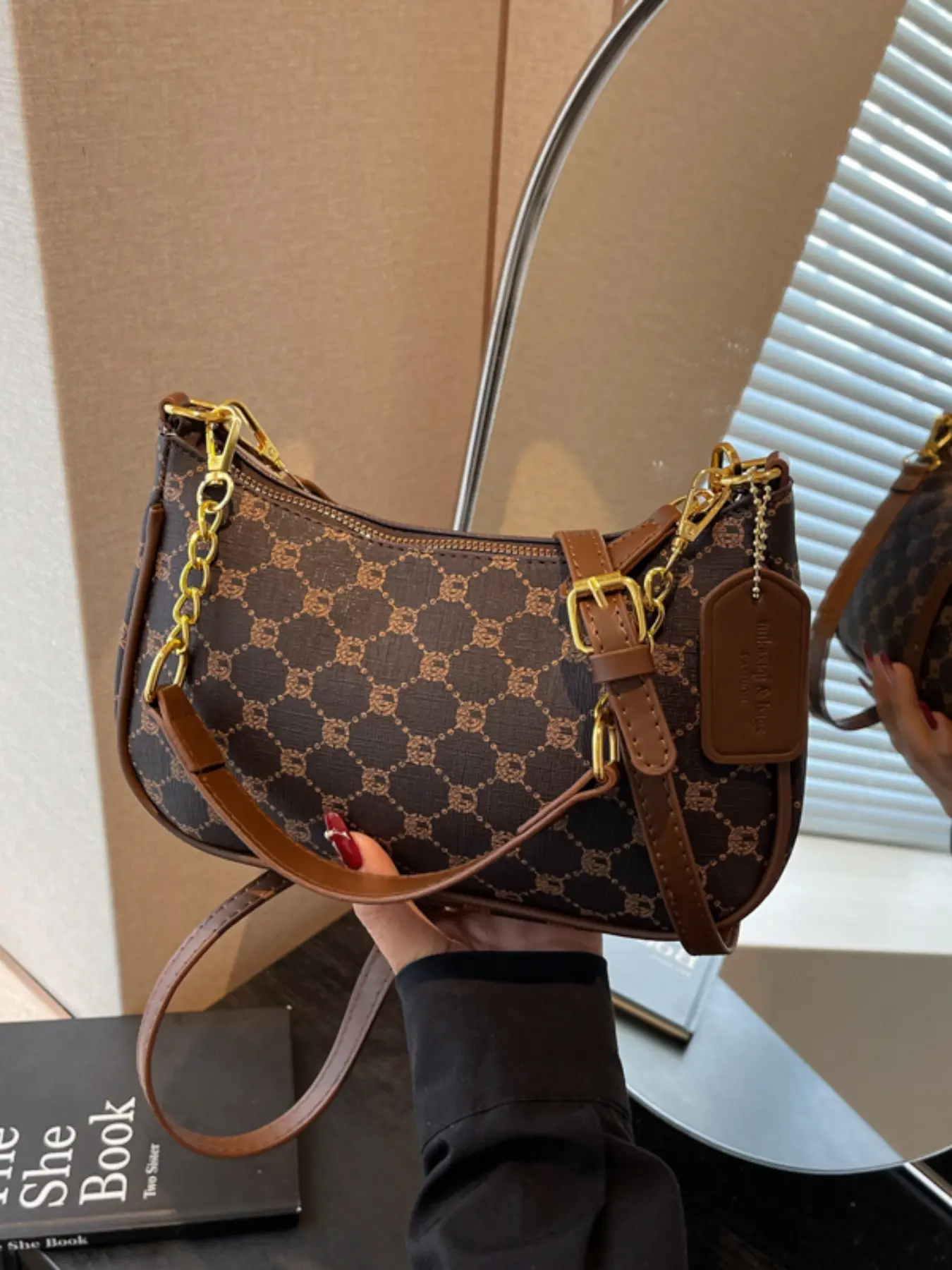 New Trendy Print Vintage Simple Chain Small Square Bag, Casual Versatile Crescent Commuter Crossbody Shoulder Bag for Women, Crossbody Bags