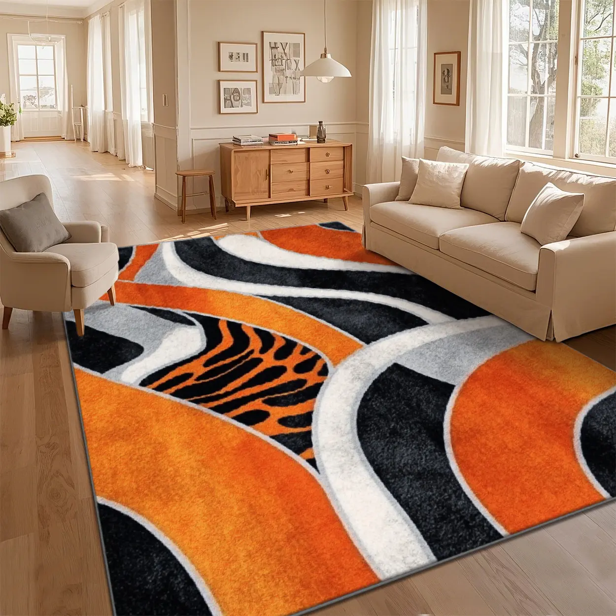 Local Delivery Multi Sizes Velvet Bold Orange Black White Curved Wave Abstract Area Rug Washable Non Slip Boho Farmhouse Runner Nursery Indoor Decor Rug