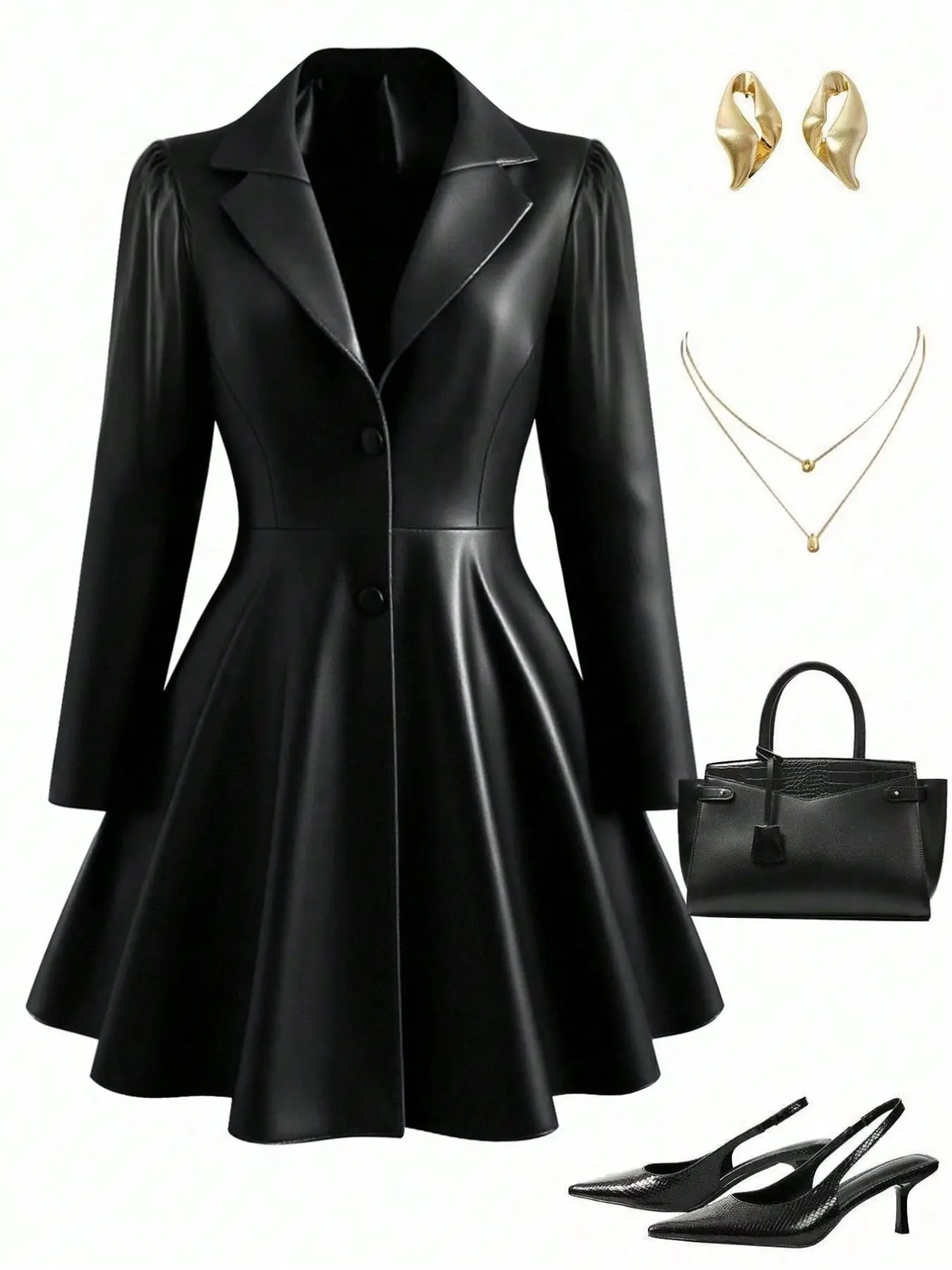 Plus Size Leather-Look Dress Jacket, Notched Lapel Single Button, A-Line Hem, Vintage Elegant Long Sleeve, Fall Winter, Party Office Dinner Date