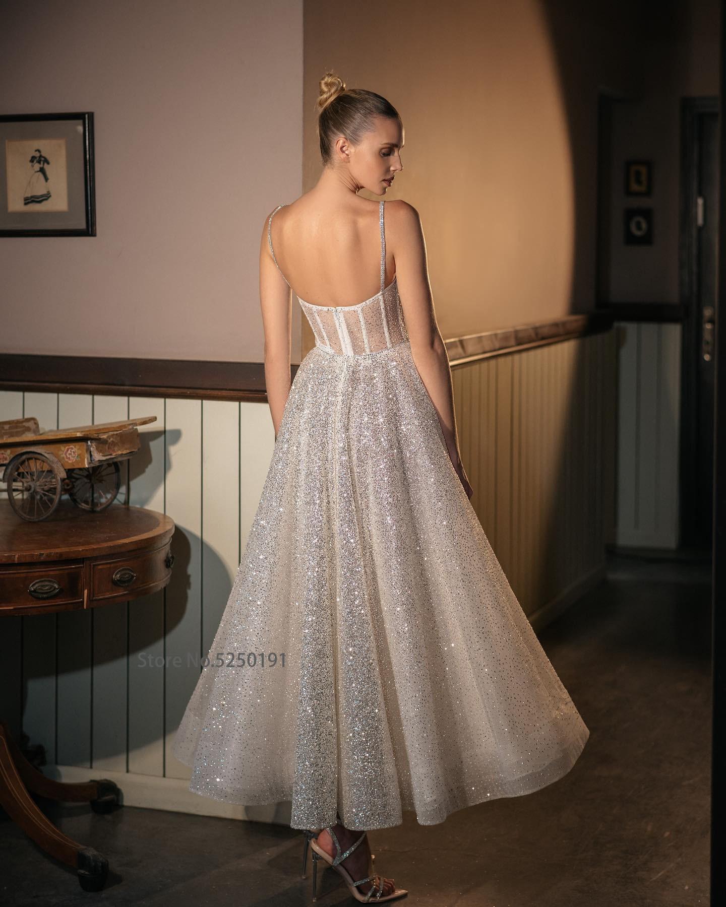 Spray Silver Short Wedding Dress with Spaghetti Straps – Puffy Balloon Skirt Gown, Western Style Mini Bridal Dress