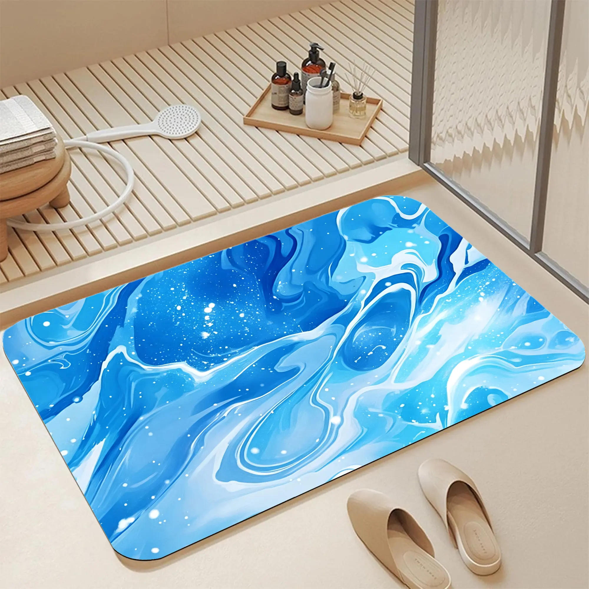16*24" Glitter Sky Blue Fluid Liquid Marble Swirl Abstract Diatomite Bath Mat |   Instant Dry Non Slip Shimmery Ocean Blue White Marble Flow Texture Print Diatomaceous Earth Bath Mat Fast Absorbent Sparkling Powder Blue Acrylic Pour Marble Art Diatomite
