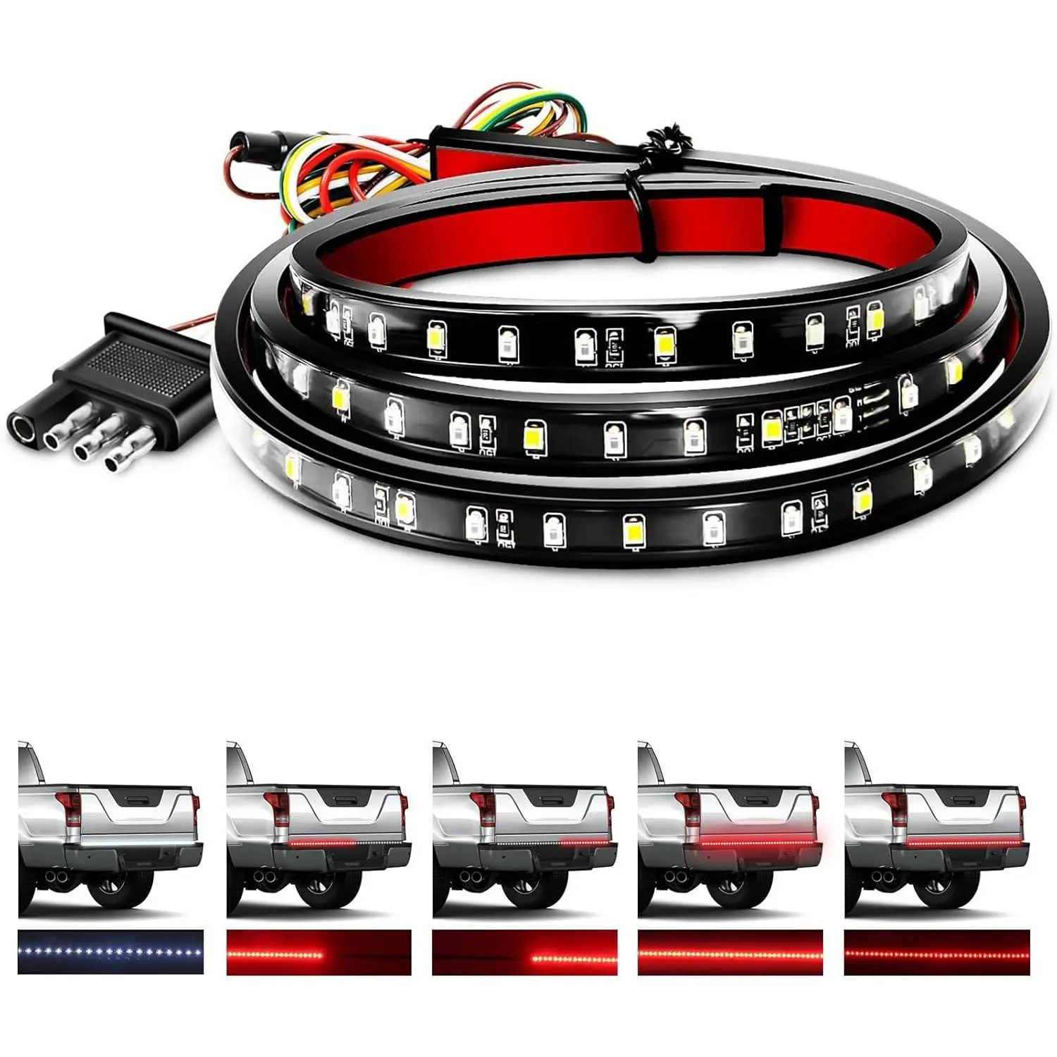 GOOACC 48"/49" Pickup Truck Tailgate Light Strip - 5-Function 90 LED Red/White Single Row, Peel & Stick, Silicon Seal Rear Lighting for Brake, Running, Turn Signals, Reverse