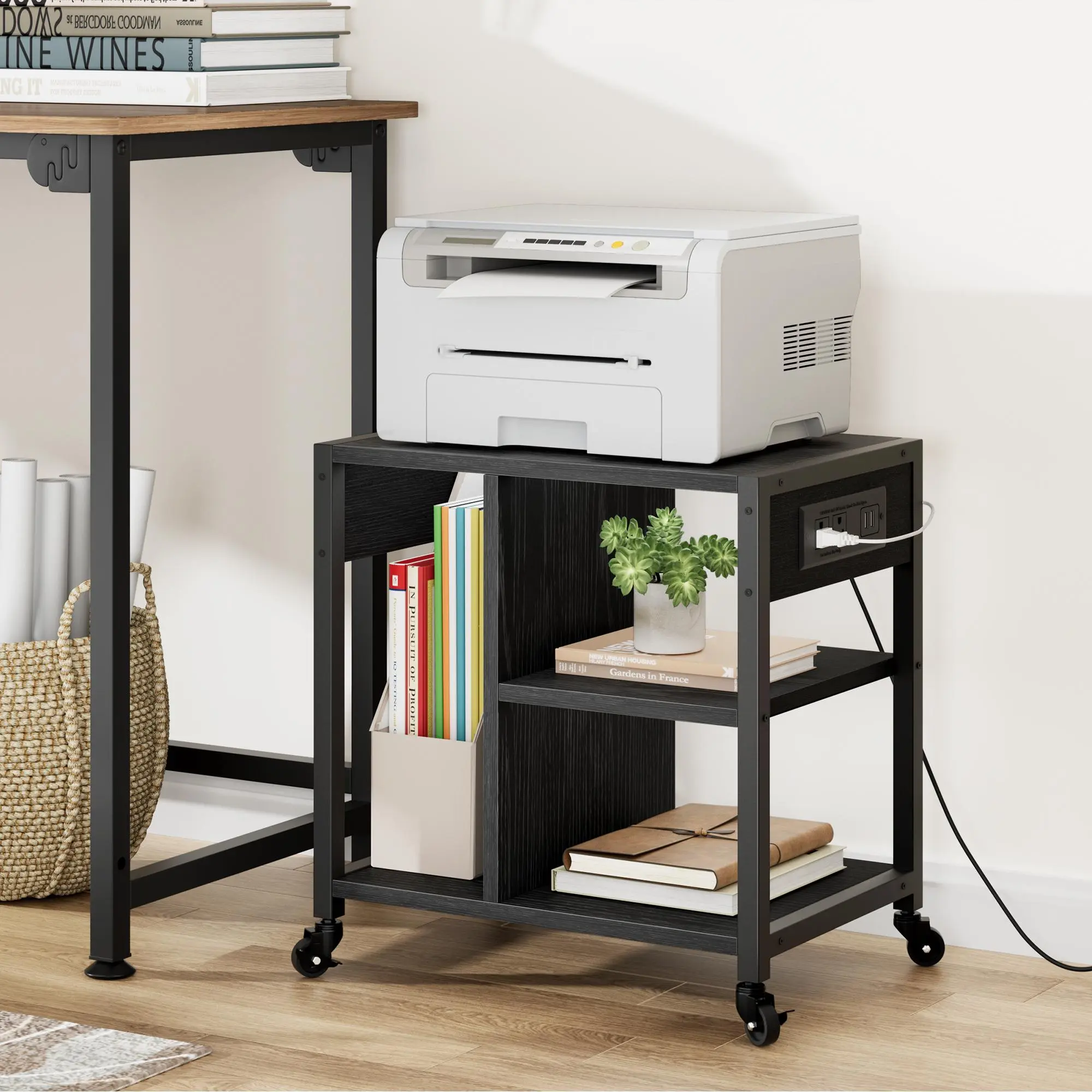 Black 3/4-Tier Mobile Printer Stand with 2 Power Outlets, 2 USB Ports, Lock Wheels, Rolling Base, Storage Shelf - 18x17.3" Under Desk Office Table for 3D Printer Organization