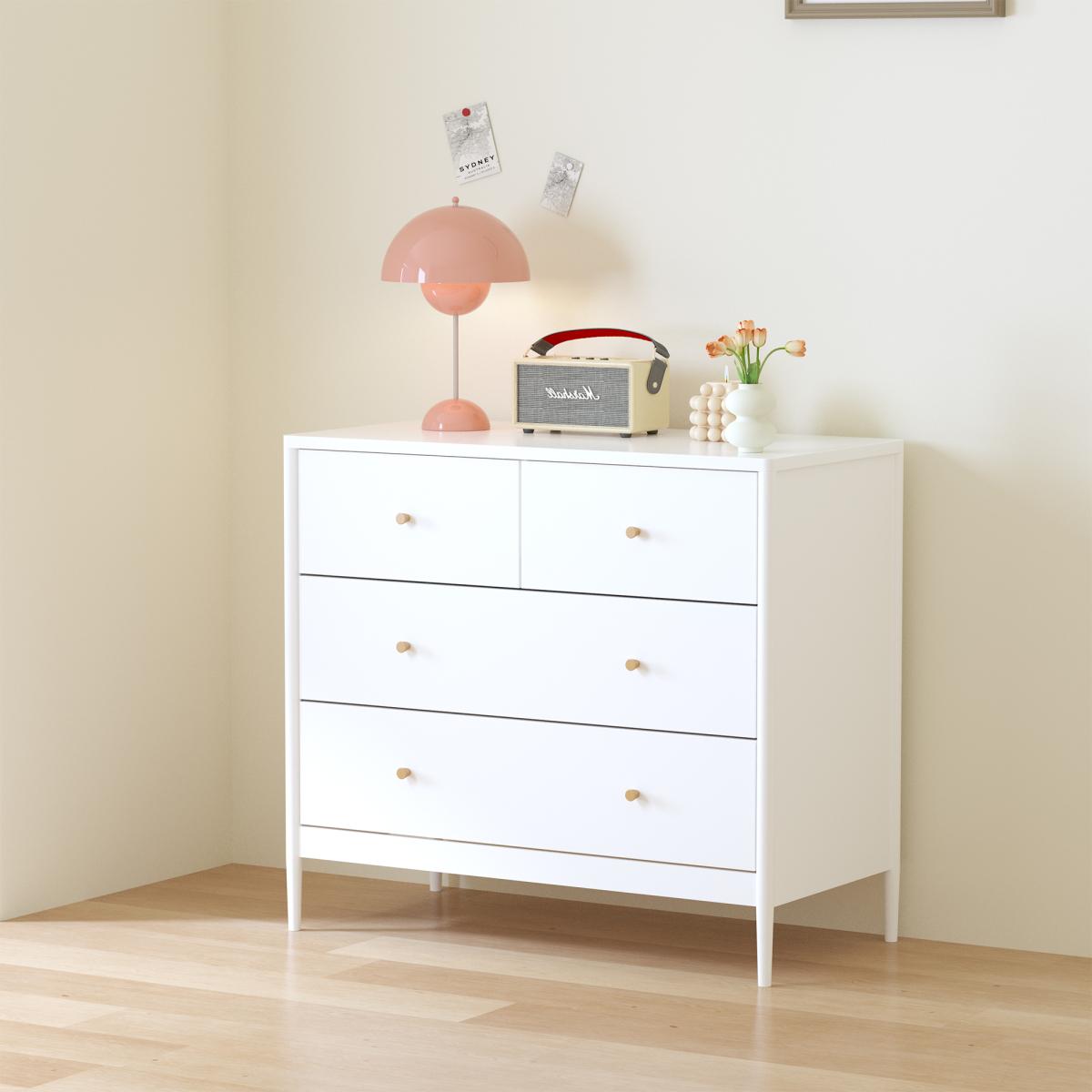 White 4-Drawer Kids Dresser, Wooden Storage Cabinet for Toddler Bedroom, Nursery, Closet, Baby Nightstand Organizer for Living Room or Apartment, 35.4" Wide    RR