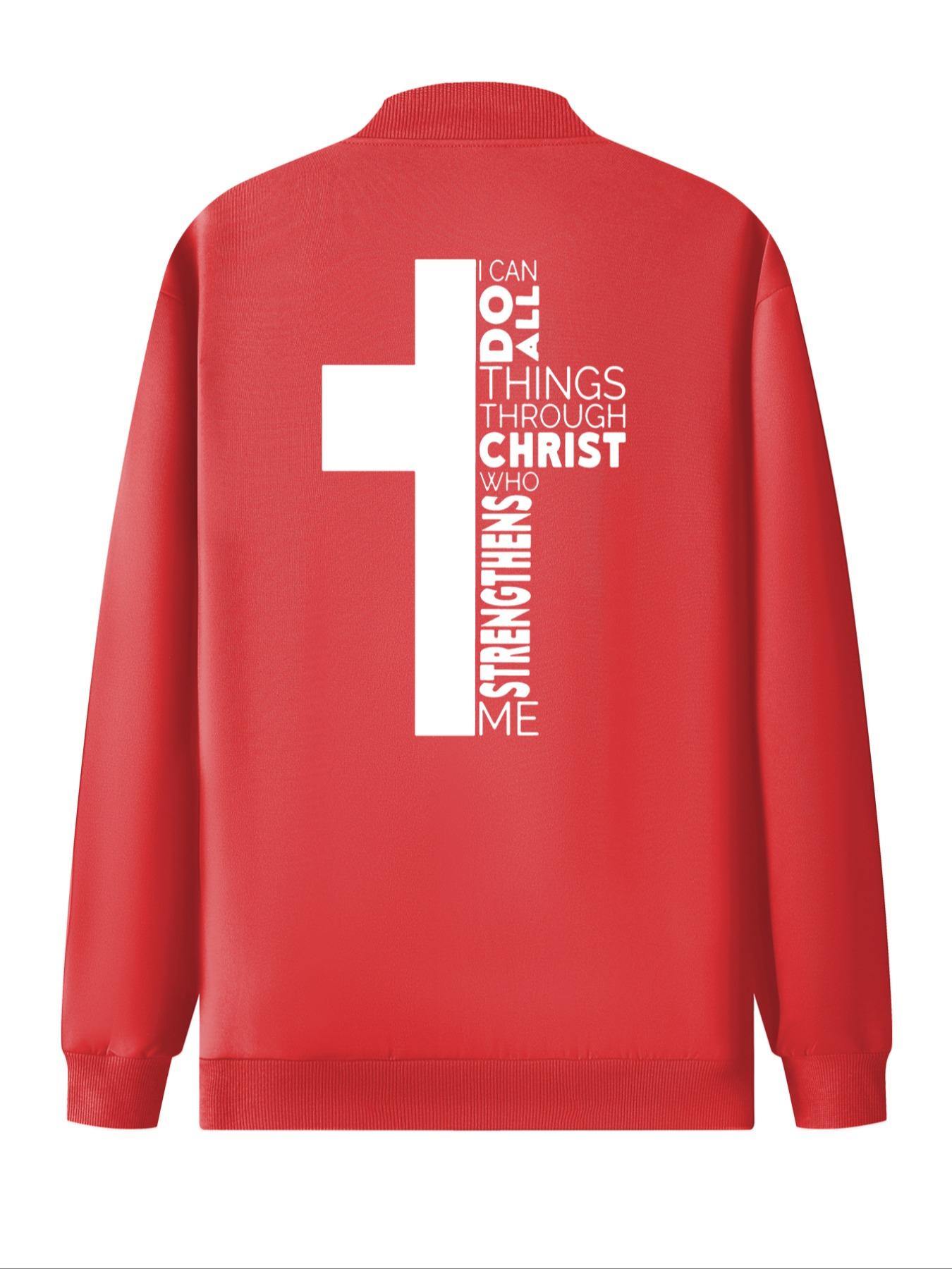 Men's Letter & Cross Print Zip Up Baseball Collar Jacket, Regular Fit Casual Long Sleeve Pocket Outerwear for Daily Wear, Men's Clothes for All Seasons