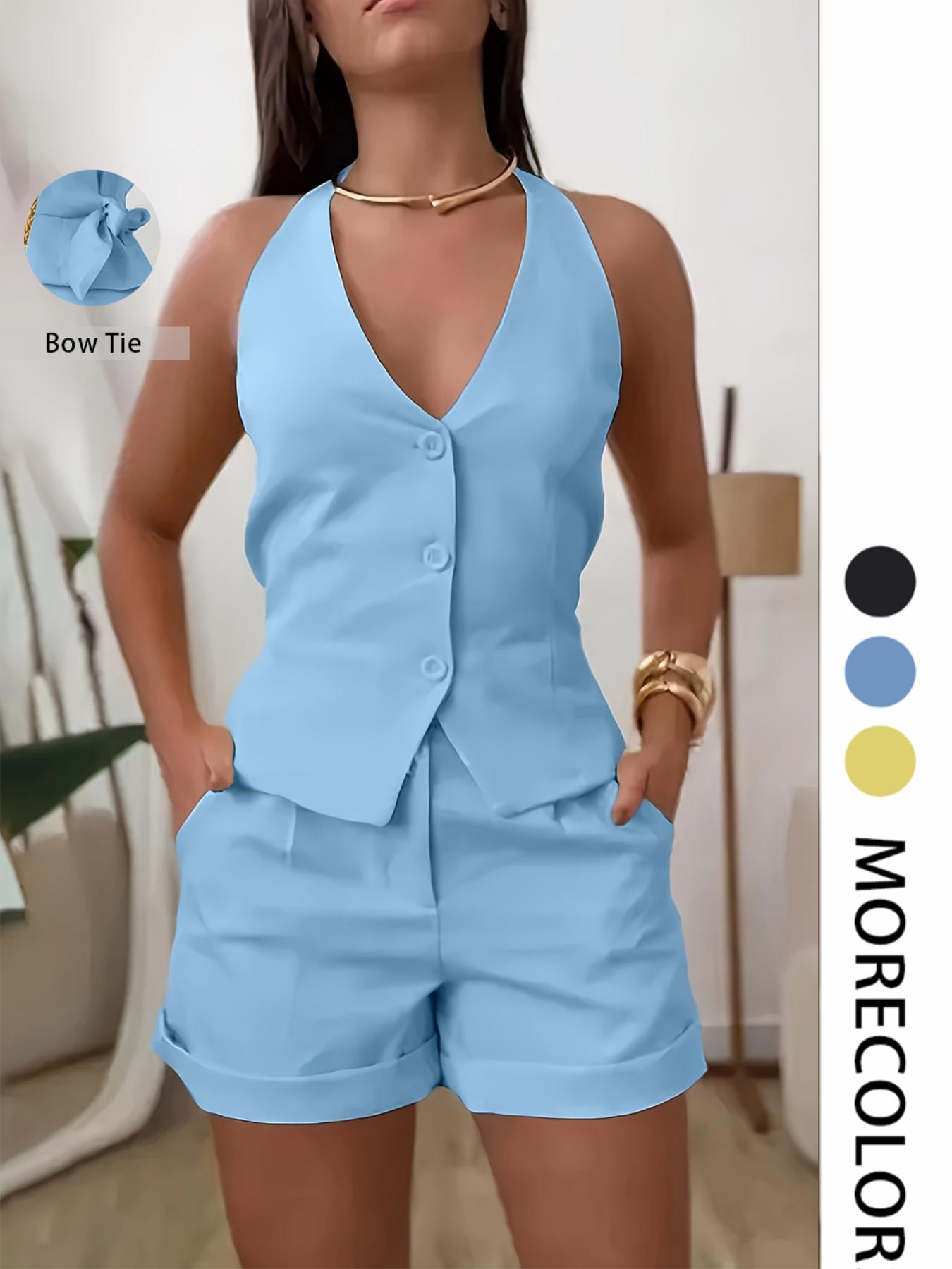 Two-piece Set Suits Women's Solid Color V Neck Fitted Button Front Vest Blazer & Shorts, Casual Sleeveless Top & Shorts for Daily Wear, Ladies Summer Clothes, Plunge Neck Top