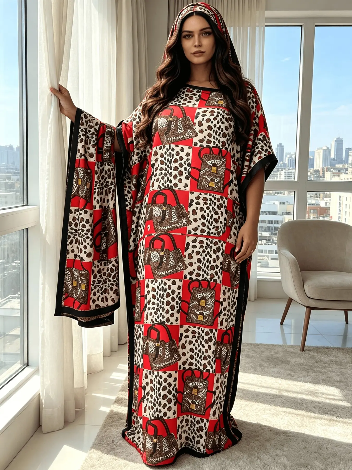 Plus Size Red White Check Leopard Handbag Print Satin Long Kaftan Dress With Matching Hooded Headscarf, Silky Oversized Batwing Sleeve Maxi Abaya, Modest Boho Resort Loungewear Robe Vacation Outfit For Curvy Women Casual Boho Fashion