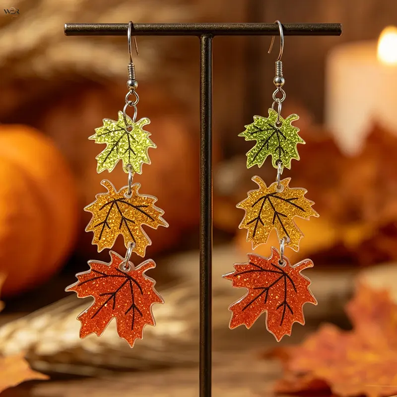 Autumn Glitter Gradient Maple Leaf Dangle Earrings for Women, Triple Layer Fall Leaf Drop Earrings, Yellow Orange Sequined Acrylic Leaf Jewelry, Thanksgiving Harvest Season Fashion Accessories