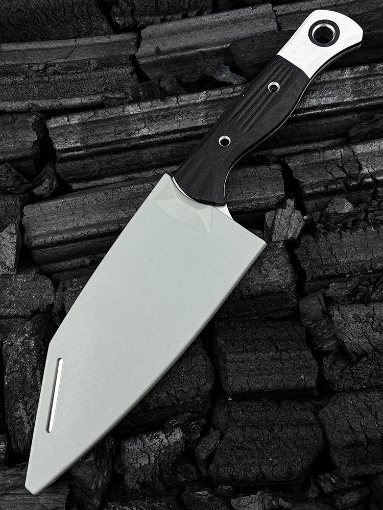 4010 Station Knife Kitchen Knife Fixed Blade  5.9" CPM-154 Stainless Steel Clip Point Blade, OD Black G10 Handles with White G10 Bolsters, Plastic Sheath Hiking Camping kitchen knife, slicing knife