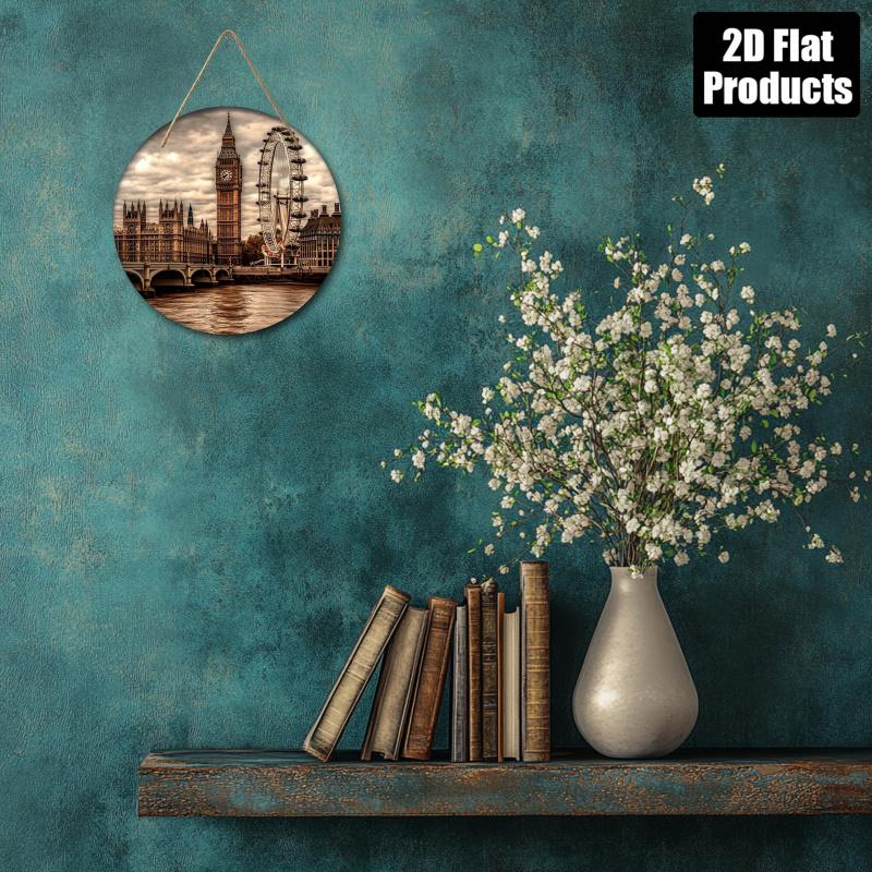 1PC London Theme Round Wooden Wall Art - Suitable for Bars, Kitchens, Cafes, Homes, Office Decorations - Includes Big Ben and London Eye, Perfect for Parties and Holiday Gifts, Office Decorations| London Skyline Art| Durable Wooden Picture Frame, London W