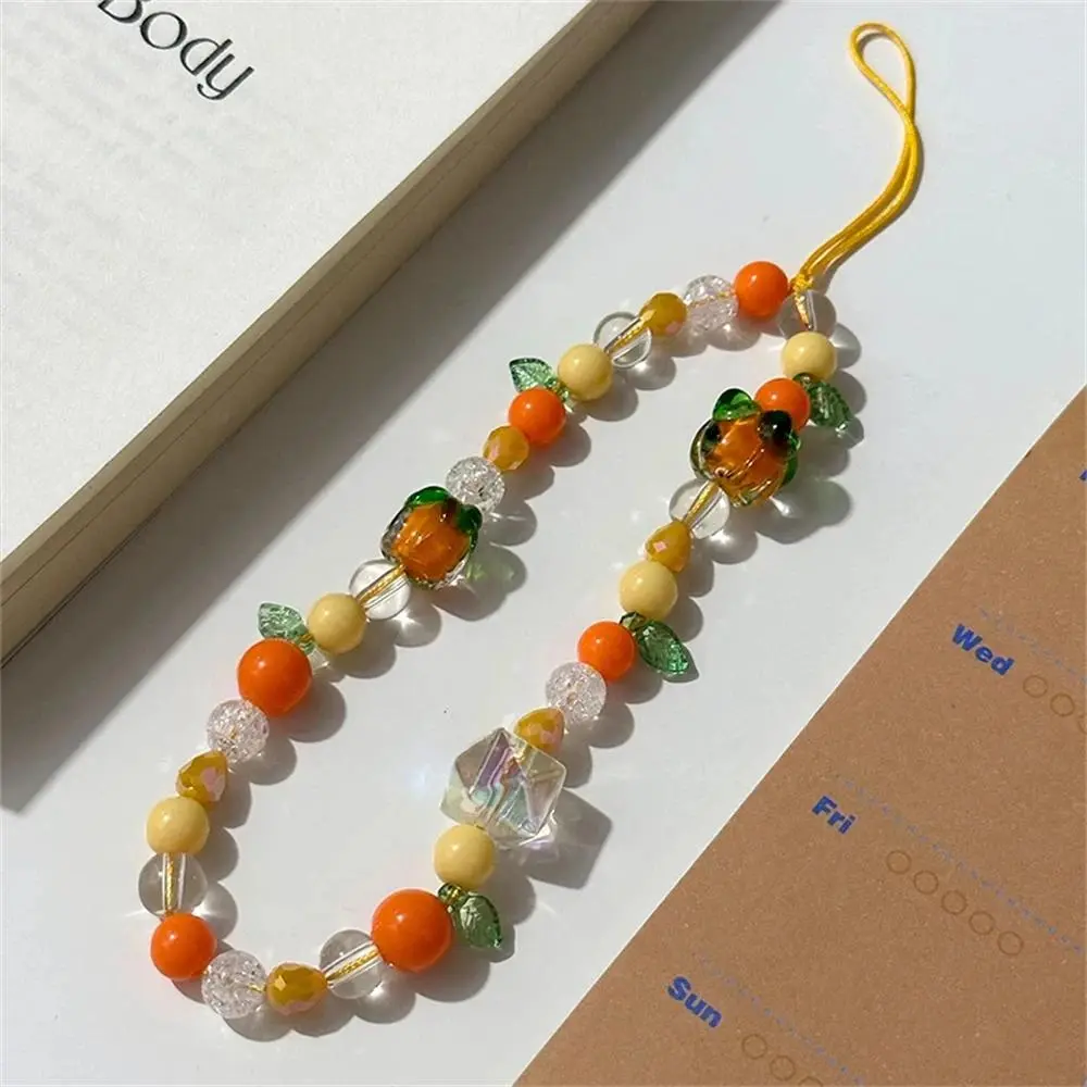 Dainty Aesthetic Beaded Phone Charm and Lanyard - Cute 3D Orange Persimmon Motif with Universal Phone Strap Compatibility for iPhone and Samsung, Vibrant Handcrafted Wrist Accessory, Perfect for Daily Phone Styling, Purse Decoration & Friendship Gift