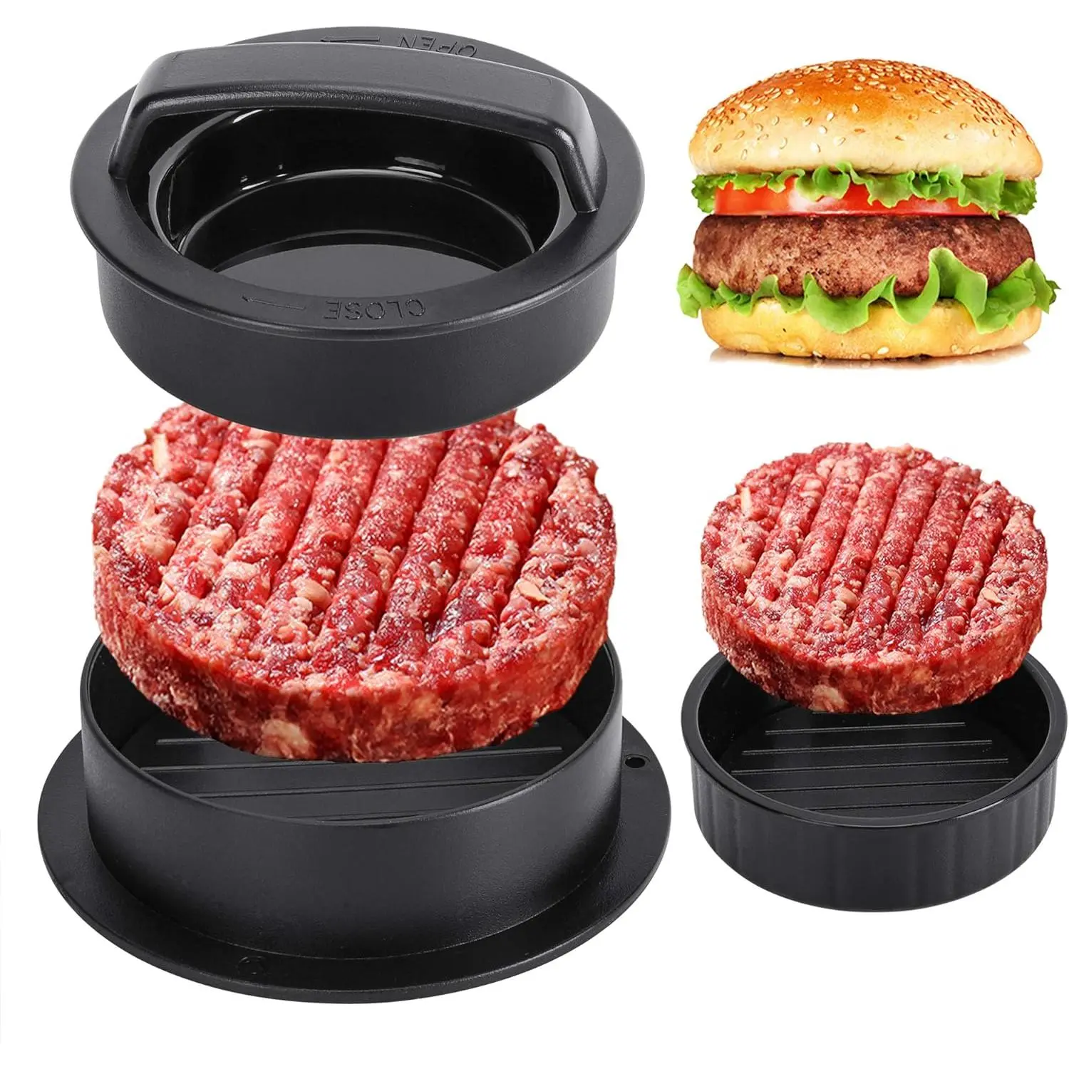 3-in-1 Nonstick Round Detachable Burger Press Utensil with Multi-Size Bases - Round Shape Tool for Meat, Beef, Veggie Patties, Stuffed Sliders, Easy to Use & Clean, Great Kitchen Dish Gift for Burger Lovers, Suitable for Any Occasion