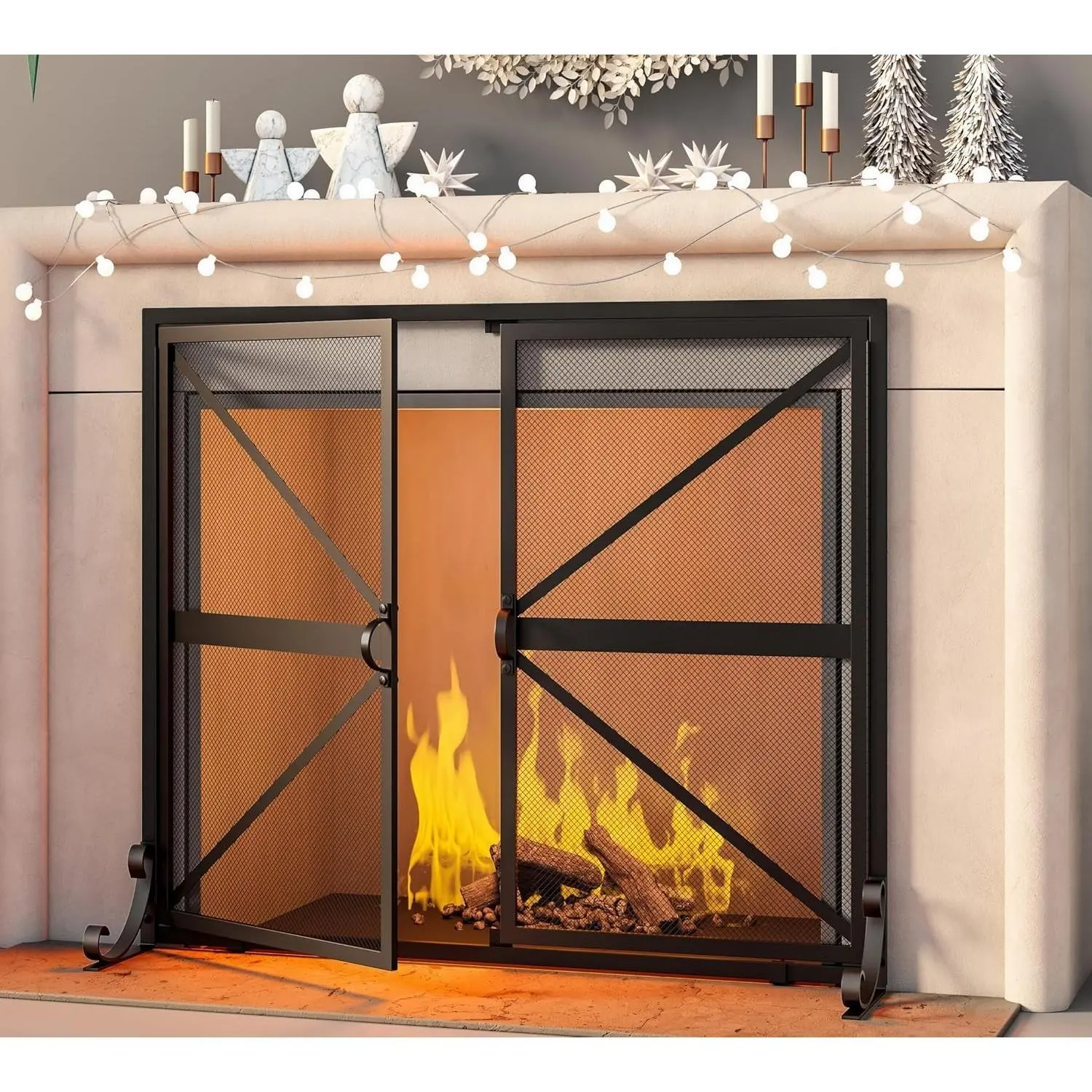 Fireplace Screen with Doors, 2-Pannel Handcrafted Solid Wrought Iron Decorative Mesh,Baby Safe Proof Firewood Burning Stove Accessories(Black)