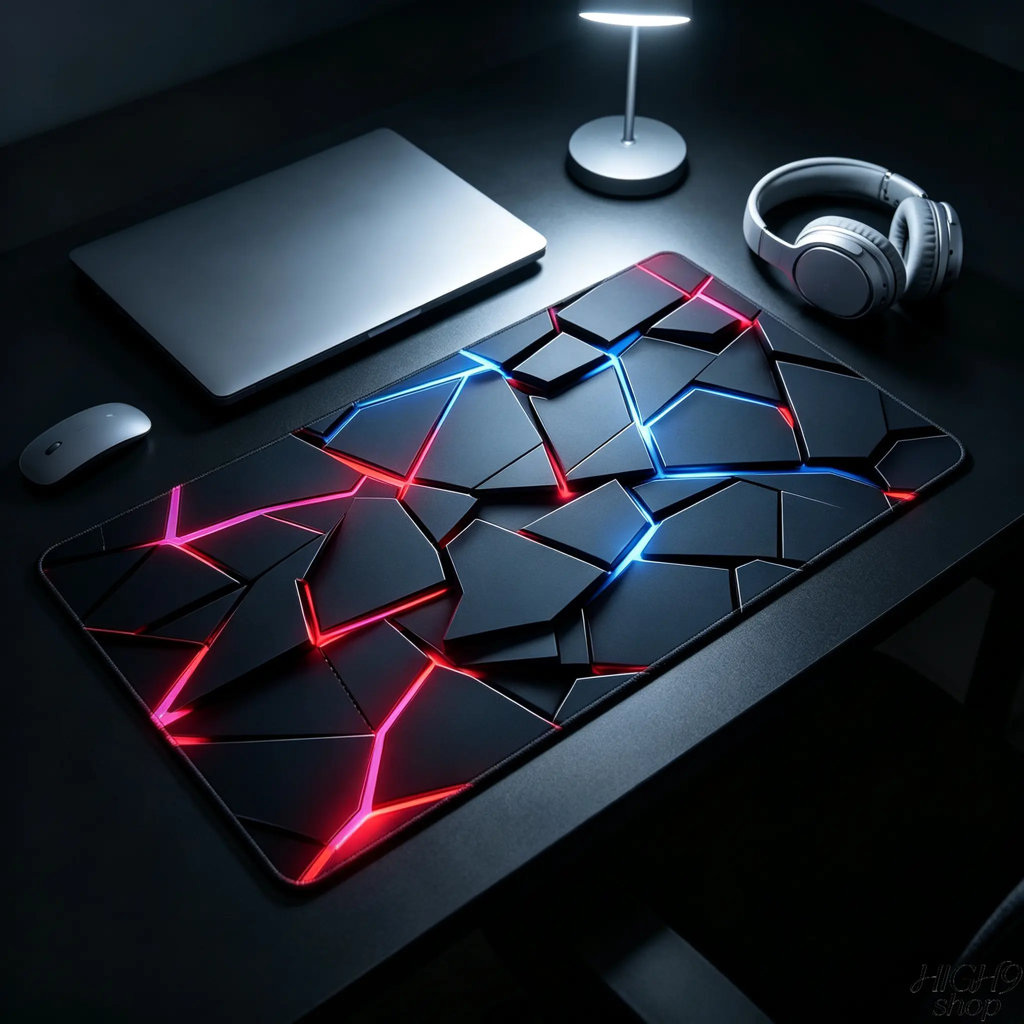 Futuristic Red Blue Neon Crack Large Gaming Mouse Pad, Non Slip Lock Edge Rubber Desk Mat, Cool Tech Desktop Accessory for Gamers