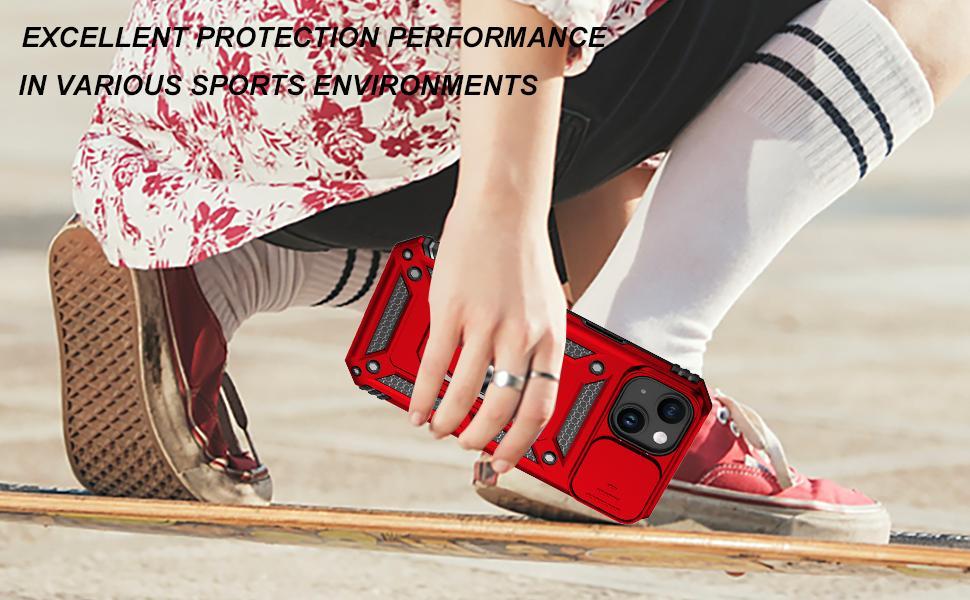 SunStory Compatible with iPhone 15 Case with HD Screen Protector & Slide Camera Cover & Rotated Ring Kickstand, [Military-Grade] Phone Case for iPhone 15,Red