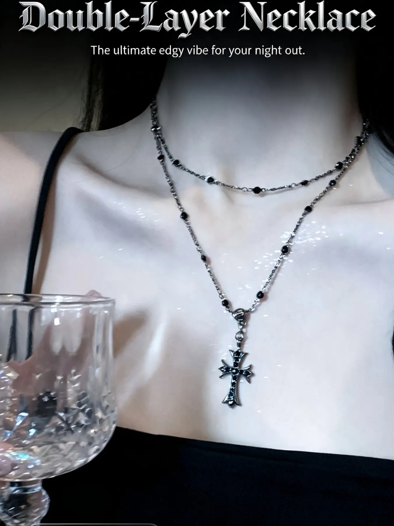 Vintage Gunmetal Layered Cross Necklace, Gothic Two Tier Stackable Choker with Rhinestone Pendant, Punk Jewelry for Emo Goth