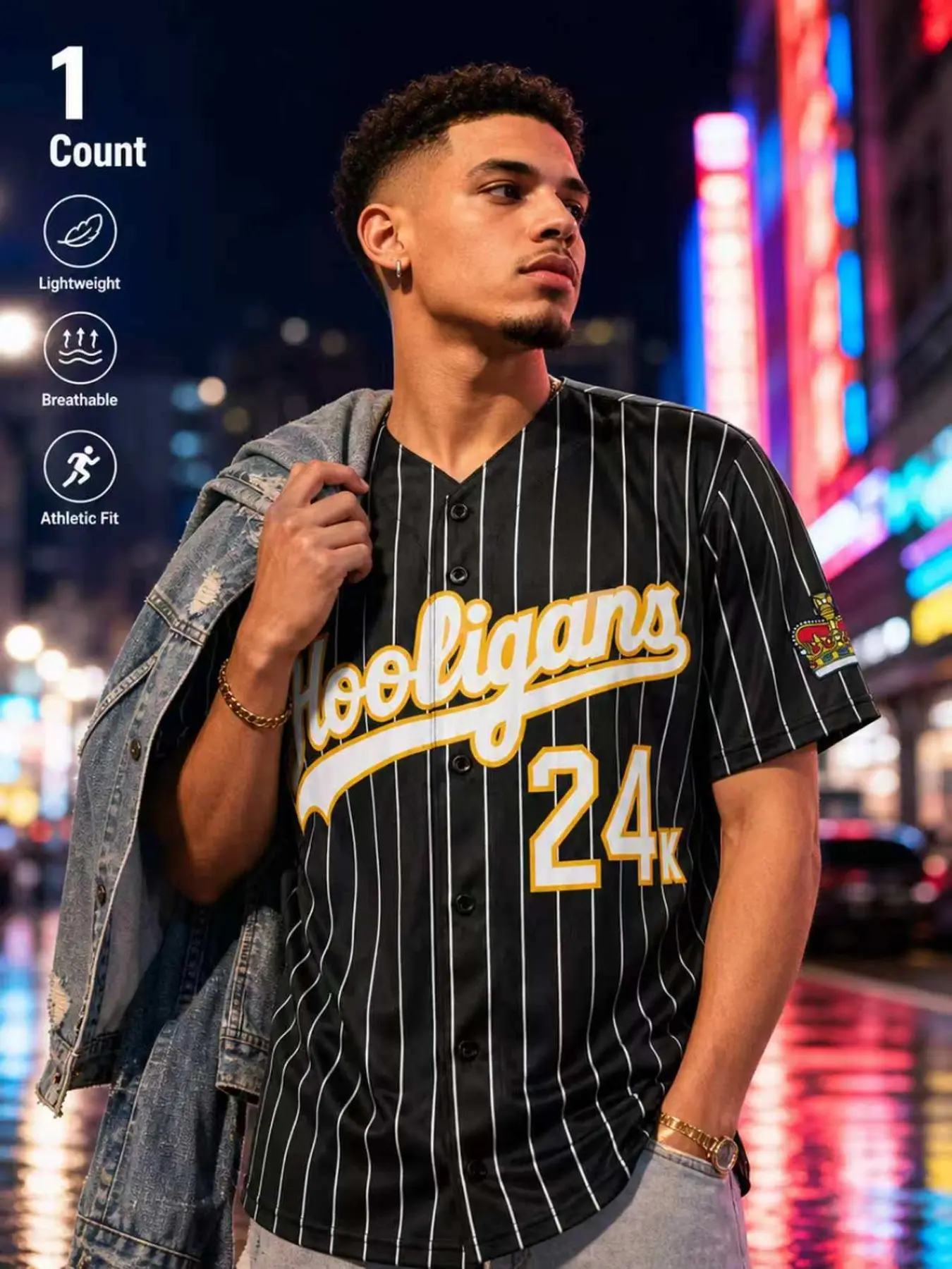 Unisex Embroidered 24K Hooligans Baseball Jersey Men Women Striped Short Sleeve Button Down Casual Shirt Top