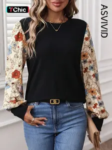 Women's Casual Leopard/Floral Puff Sleeve Patchwork Long Sleeve Pullover Sweatshirt, Stylish and Comfortable, Perfect for Daily Wear