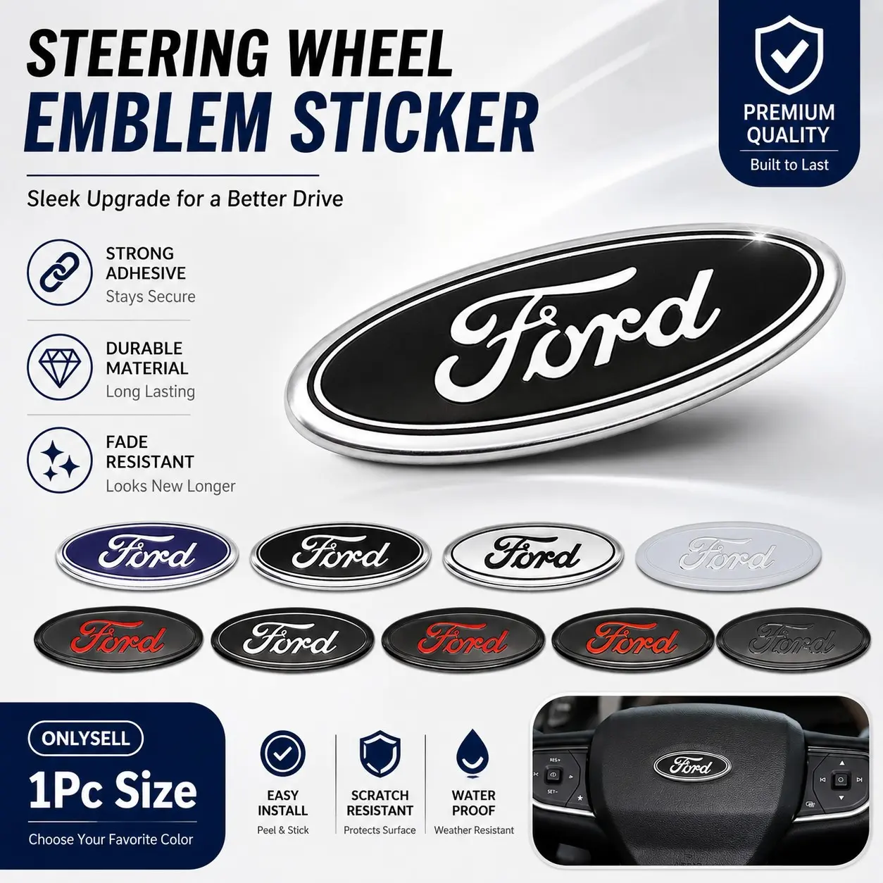 Ford Car Steering Wheel Emblem Sticker Interior Logo Badge Cover Self Adhesive ABS Decorative Trim Oval Steering Wheel Center Emblem Overlay Scratch Resistant Waterproof Easy Install Universal Car Interior Accessory 1Pc Black Silver Blue Red Style Compati