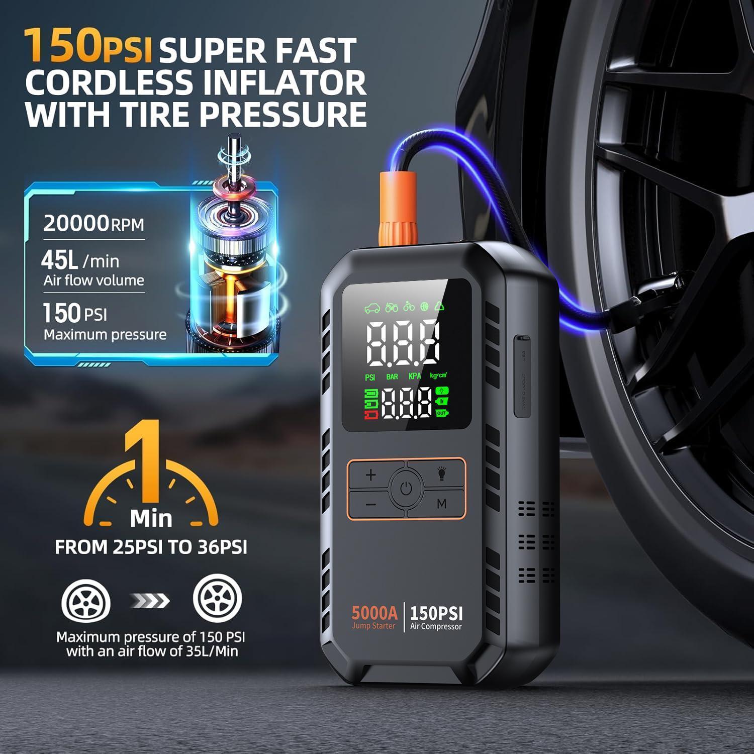 5000A 150PSI Car Jump Starter with Air Compressor Auto Tire Inflator Large LCD Display LED Light Portable 12V Battery Booster Power Pack Quick Jump Start for Gasoline Diesel Vehicles Universal for Cars SUVs Trucks Bikes Motorcycles RVs Boat Tires Multi Sa